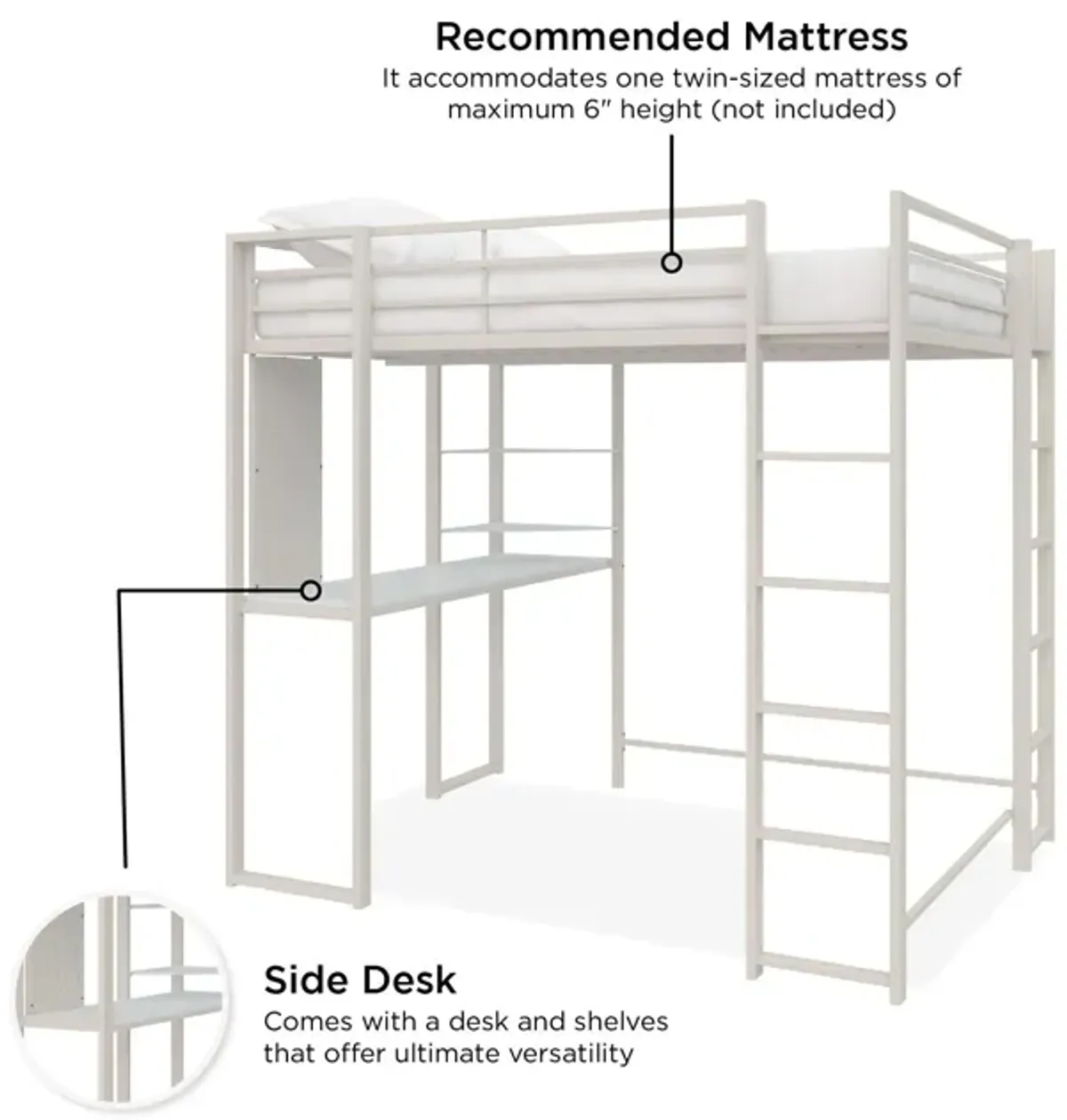 Abode Metal Loft Bed with Built in Desk and Storage Space