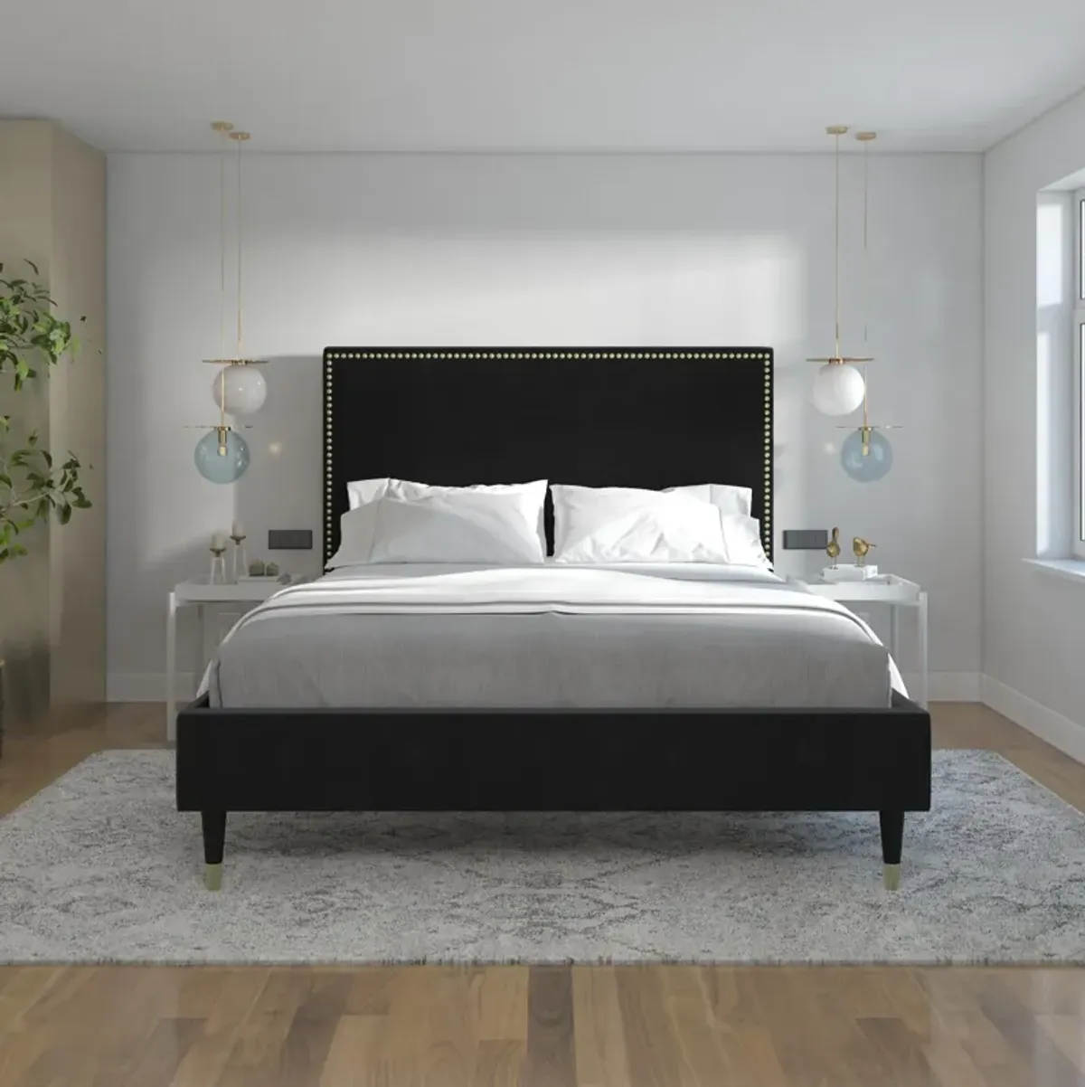 Audrey Velvet Upholstered Bed with Headboard and Nailheads