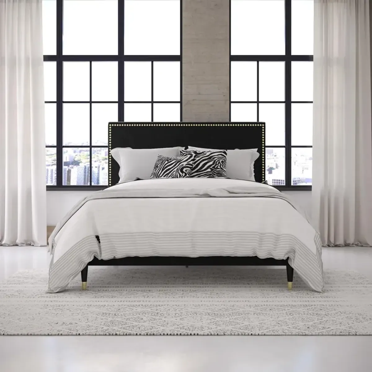 Audrey Velvet Upholstered Bed with Headboard and Nailheads