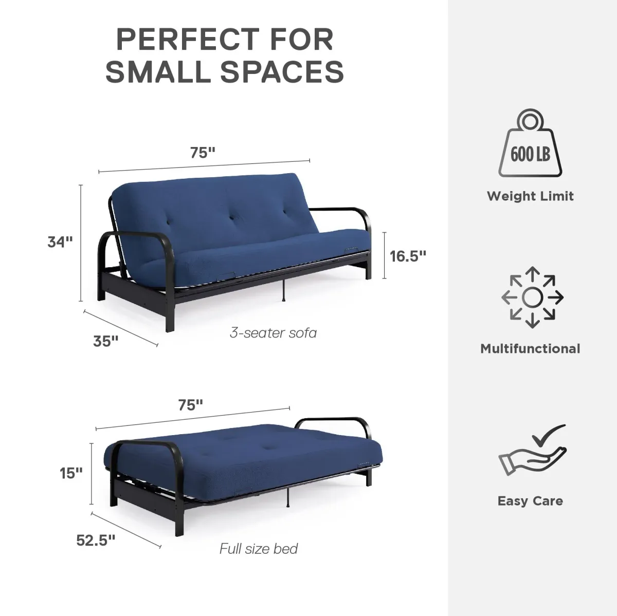 Cleo Black Metal Arm Full Size Futon Frame