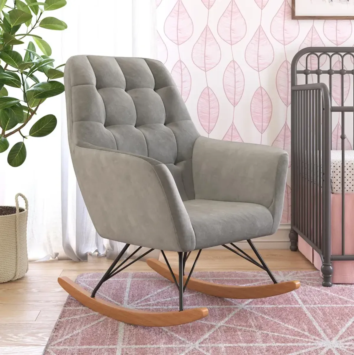 Raven Upholstered Rocker with Square Tufted Detailing and Wood Legs