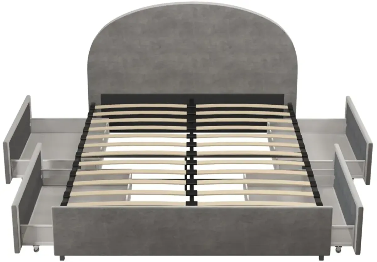 Moon Upholstered Bed with Rounded Headboard and 4 Storage Drawers