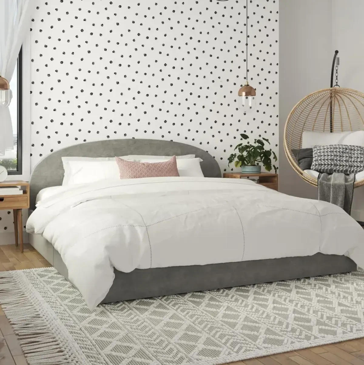 Moon Upholstered Bed with Rounded Headboard and 4 Storage Drawers