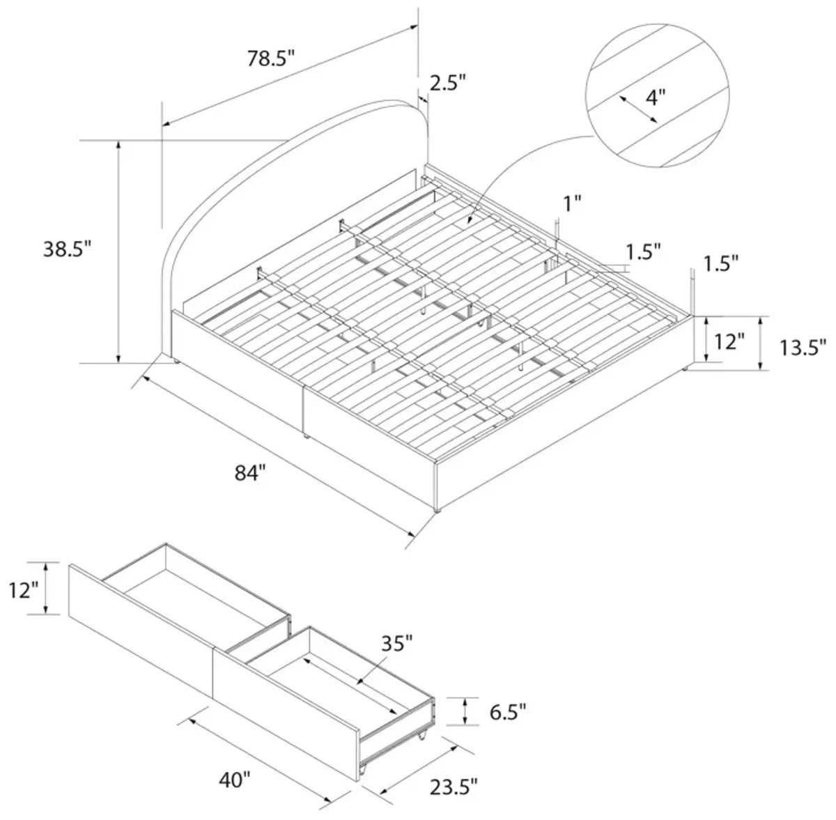 Moon Upholstered Bed with Rounded Headboard and 4 Storage Drawers