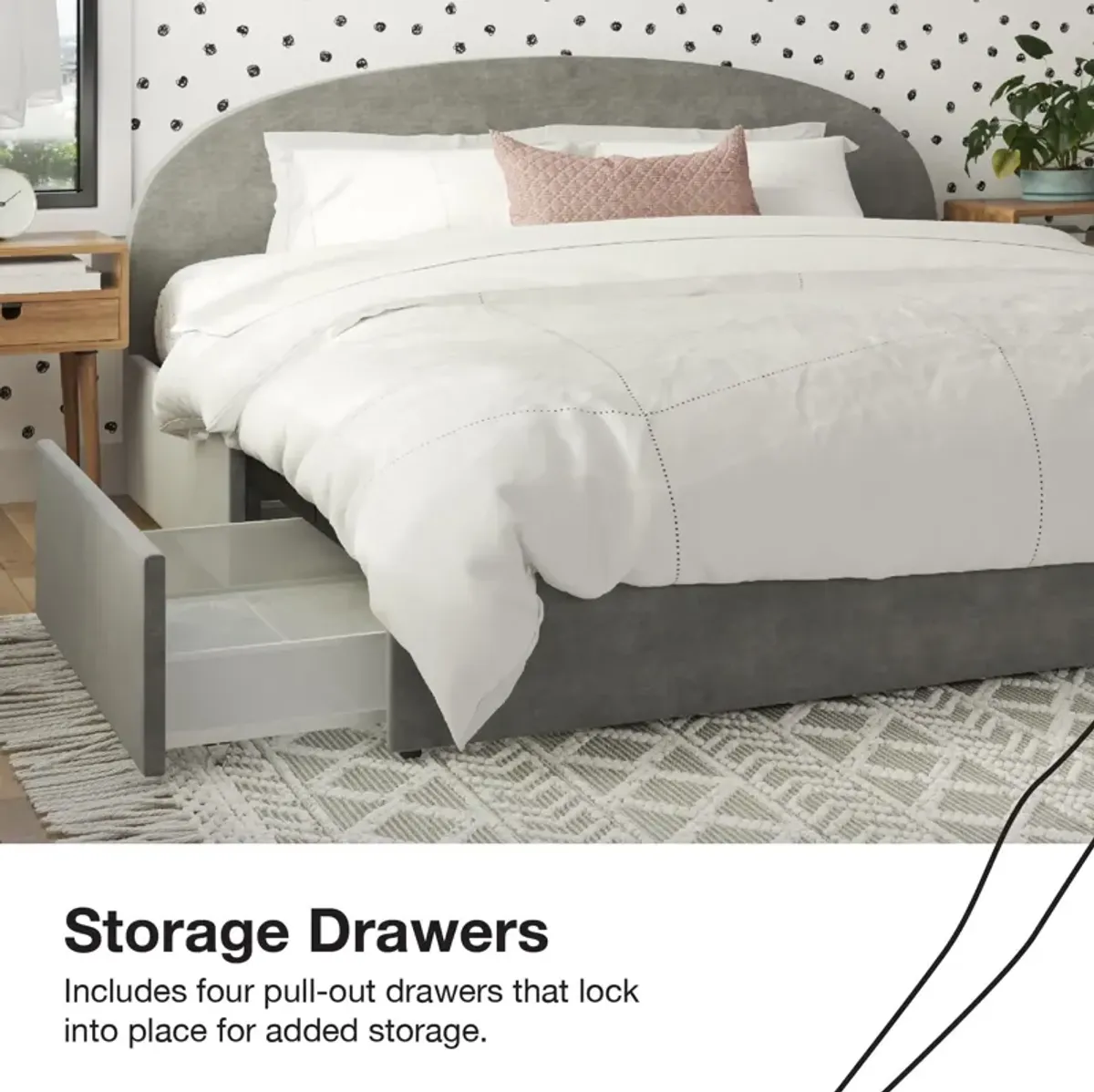 Moon Upholstered Bed with Rounded Headboard and 4 Storage Drawers