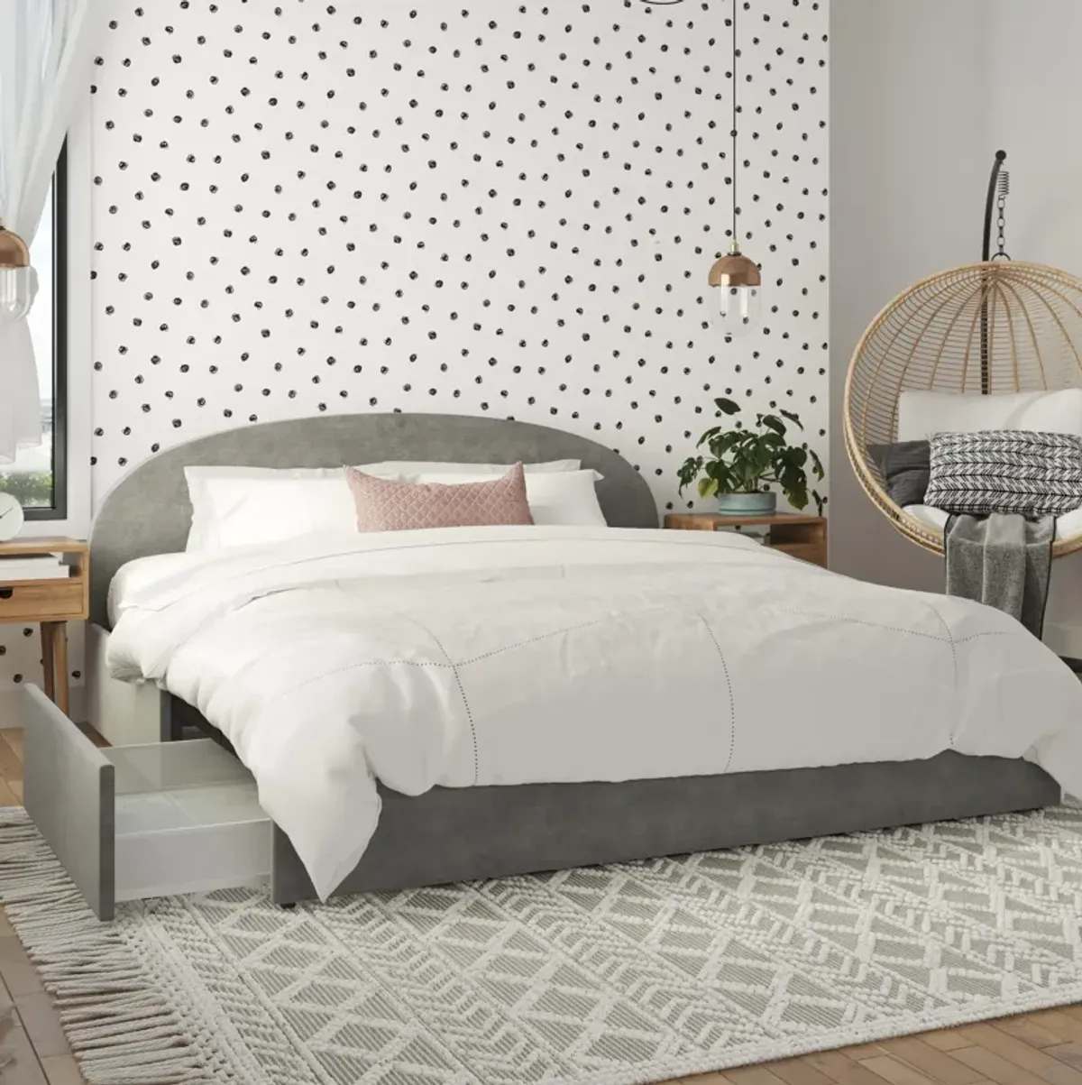 Moon Upholstered Bed with Rounded Headboard and 4 Storage Drawers