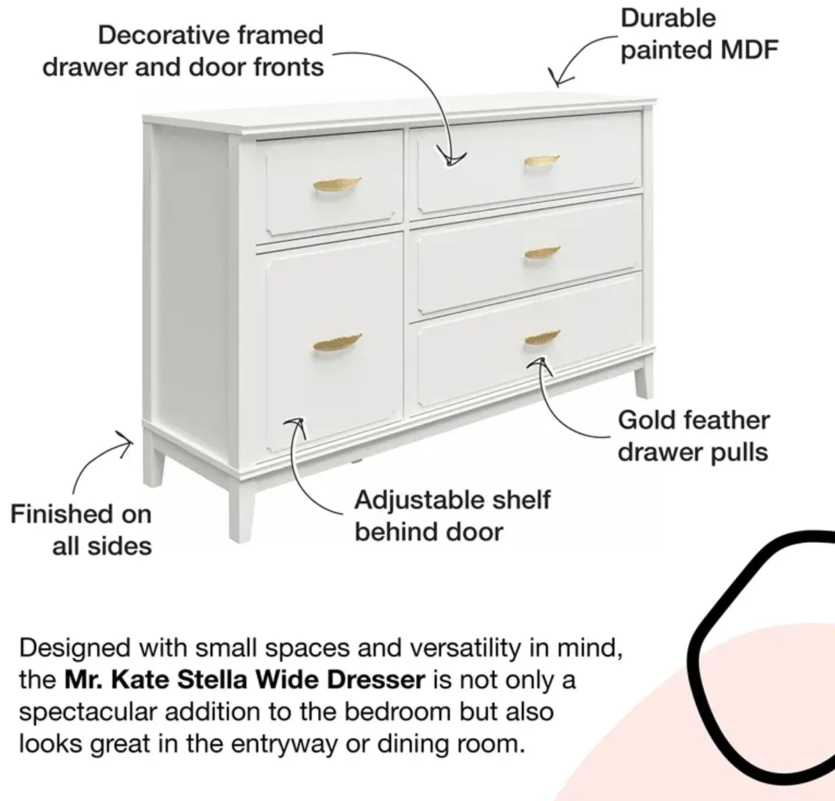 Stella Wide Dresser with 5 Drawers and Gold Feather Drawer Pulls