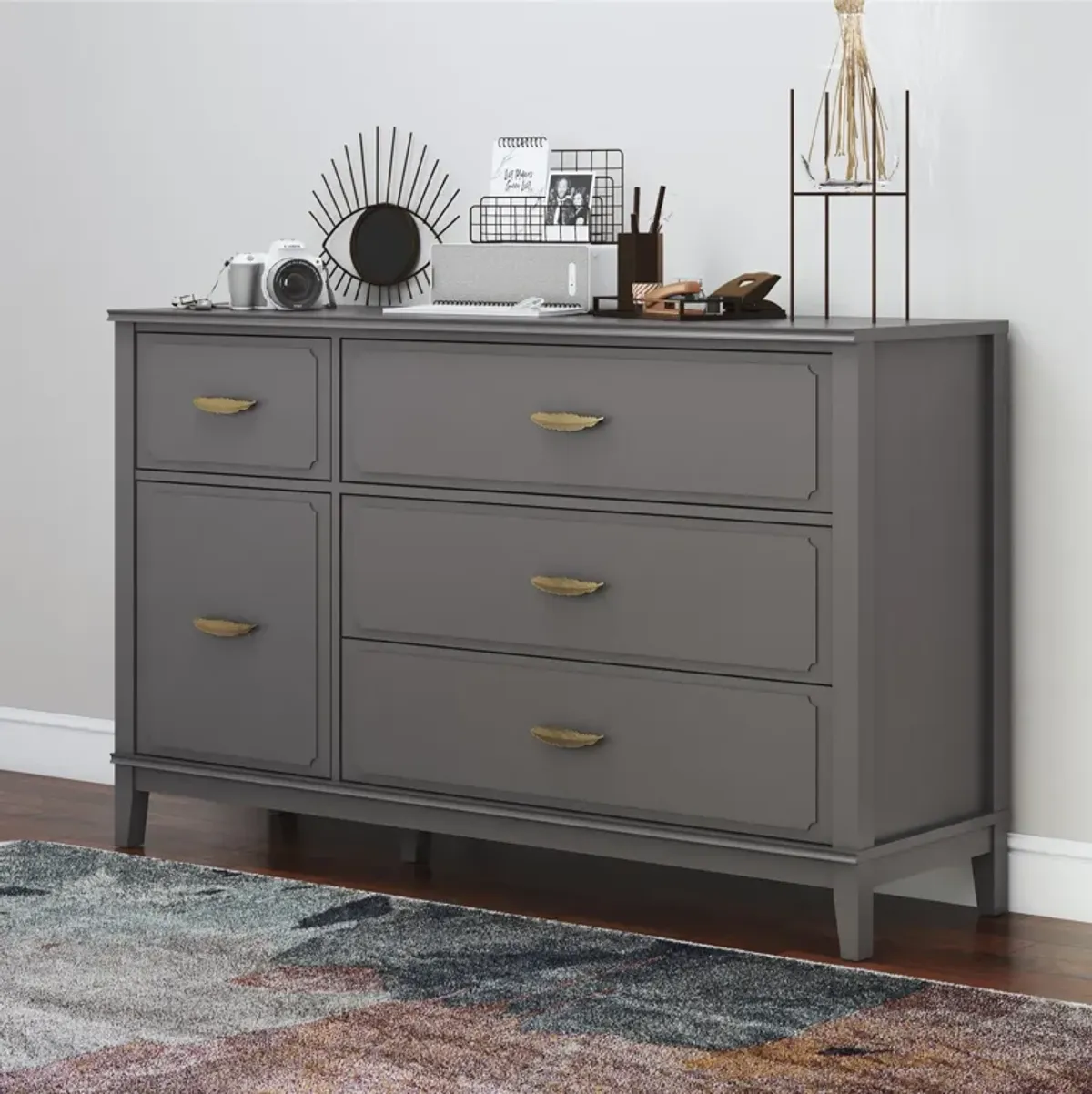 Stella Wide Dresser with 5 Drawers and Gold Feather Drawer Pulls