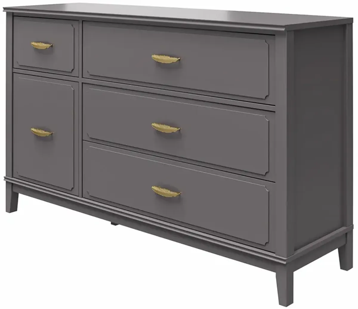 Stella Wide Dresser with 5 Drawers and Gold Feather Drawer Pulls