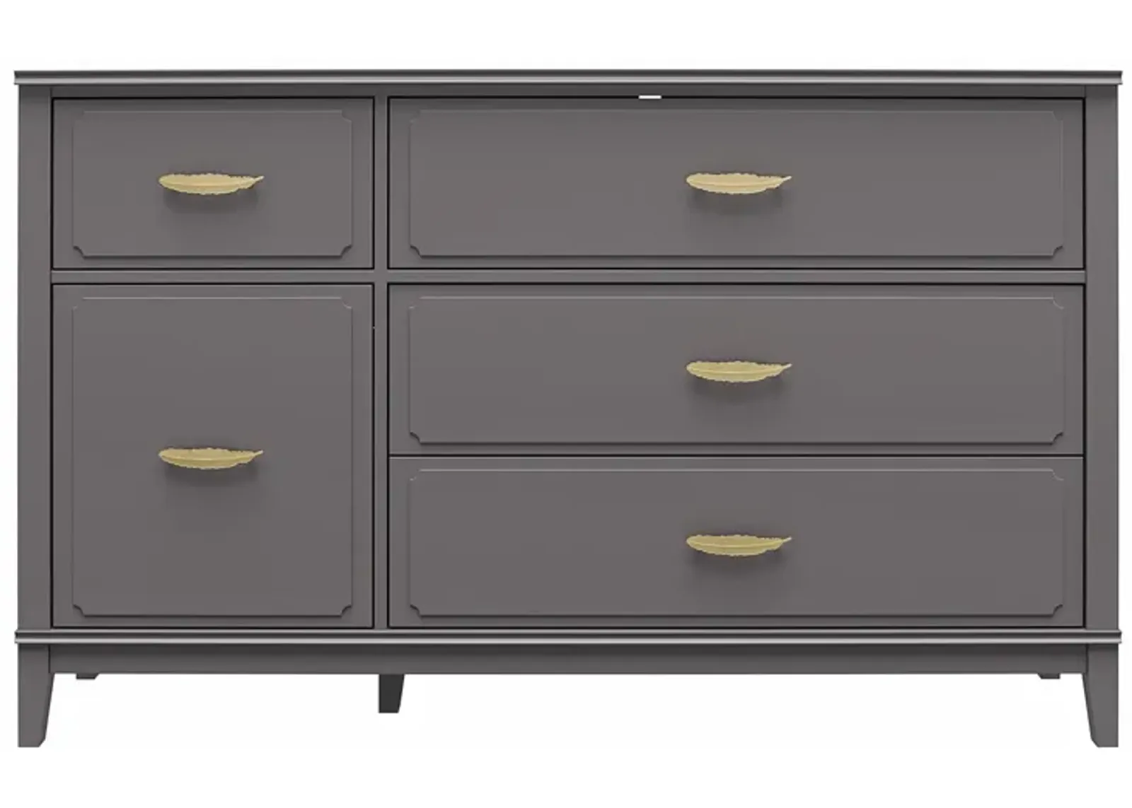 Stella Wide Dresser with 5 Drawers and Gold Feather Drawer Pulls