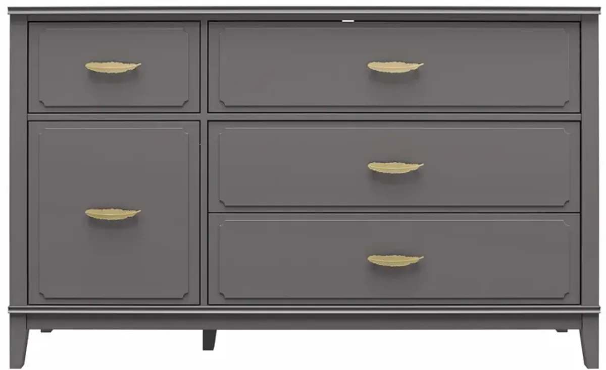 Stella Wide Dresser with 5 Drawers and Gold Feather Drawer Pulls