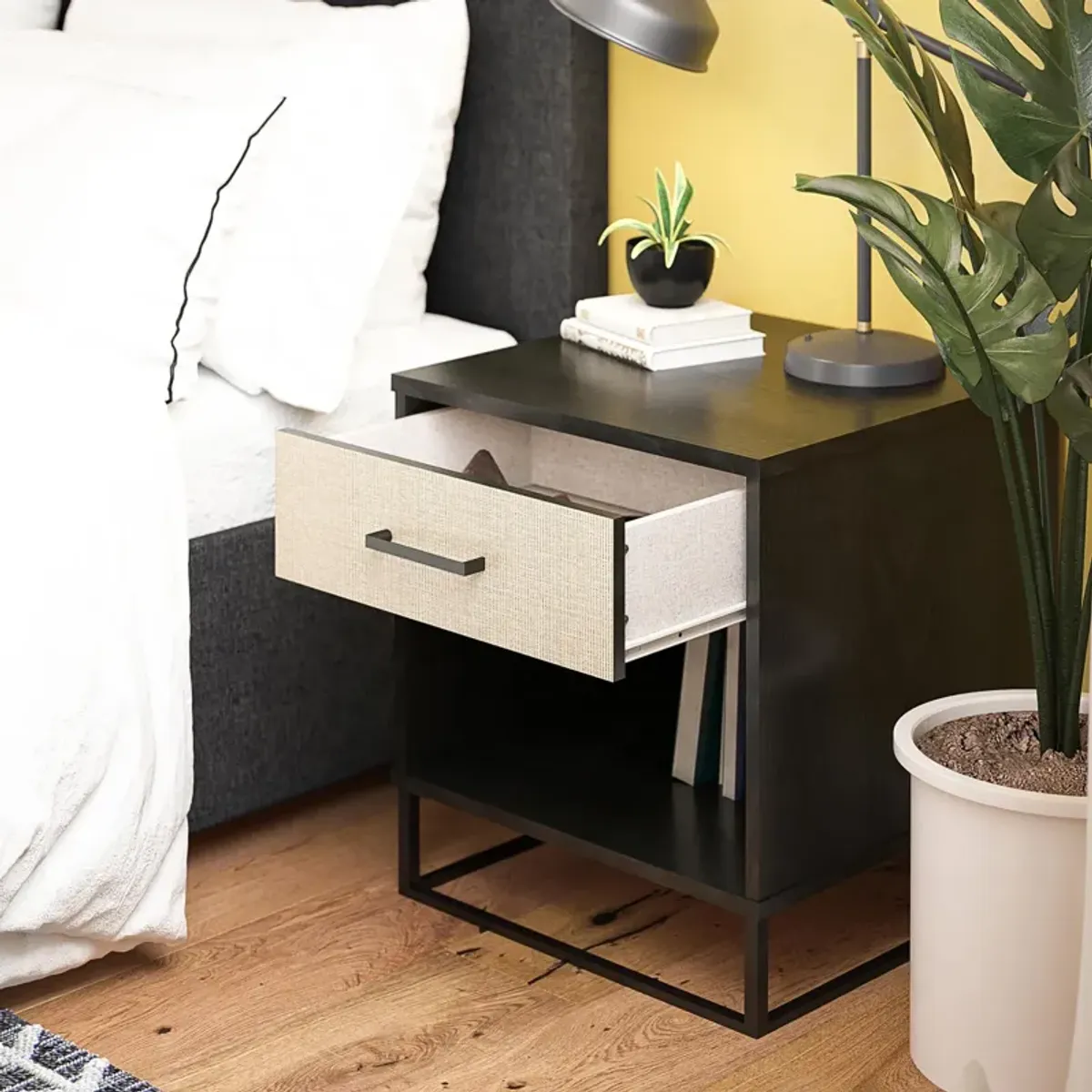 Kelly Nightstand with 1 Drawer and a Black Metal Base