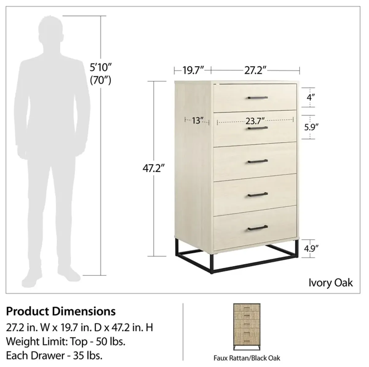 Kelly 5 Drawer Dresser With a Metal Hardware and Base