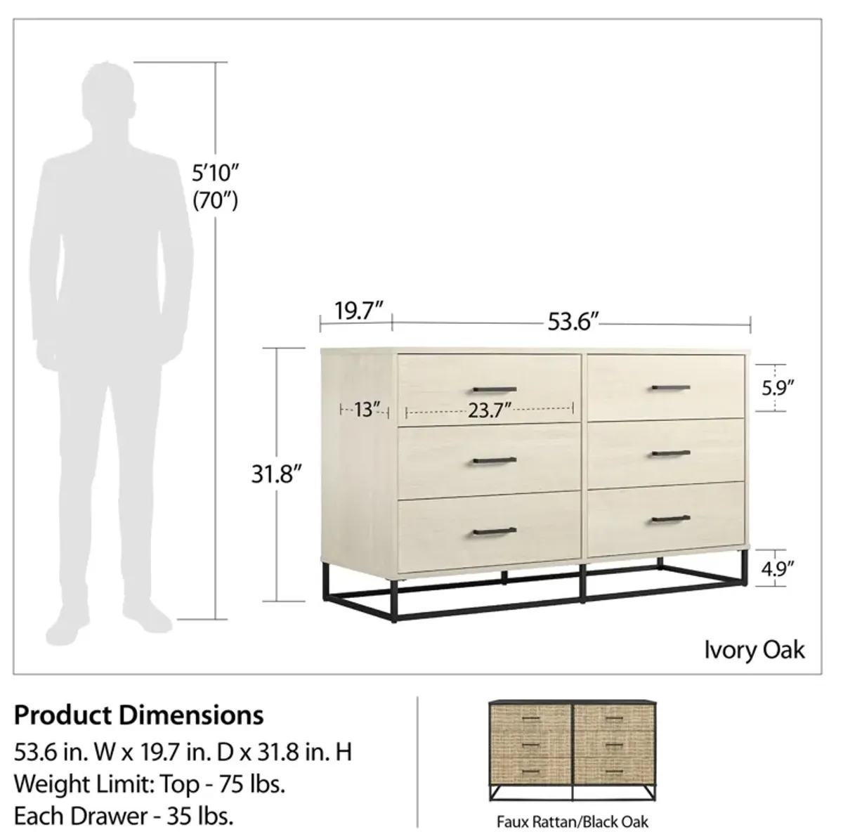 Kelly 6 Drawer Dresser With Metal Hardware and Base