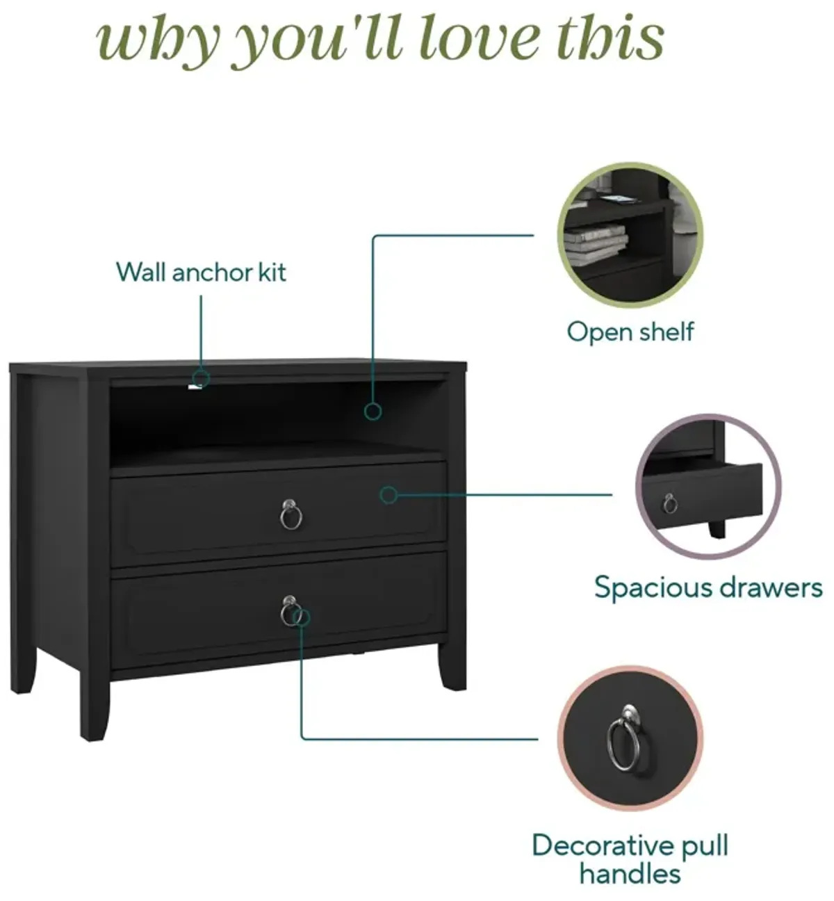 Her Majesty 2 Drawer Nightstand with 1 Open Cubby and 2 Drawers