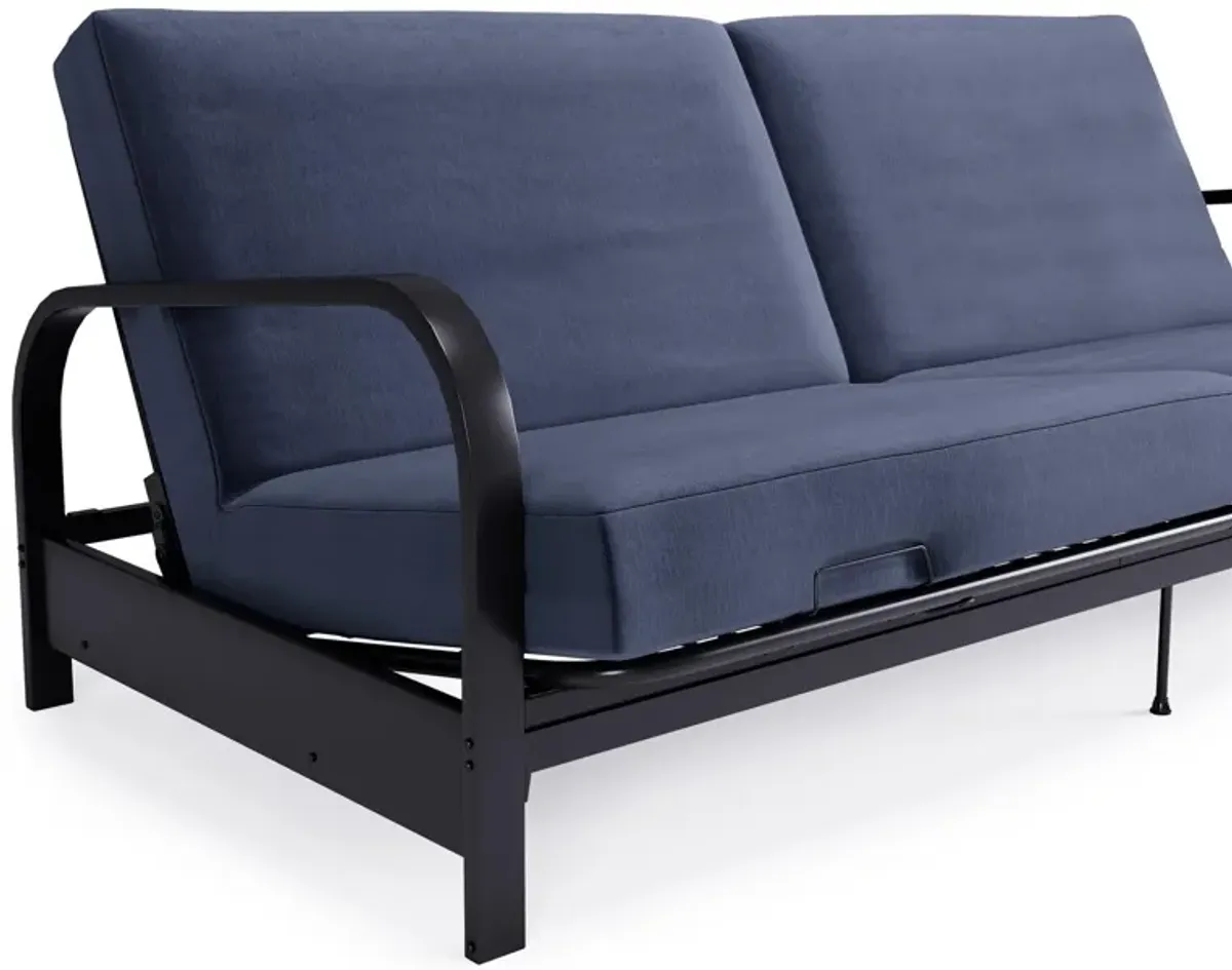 Karli Black Metal Arm Futon Frame with 6" Blue Mattress and EXTRA Black Mattress Cover