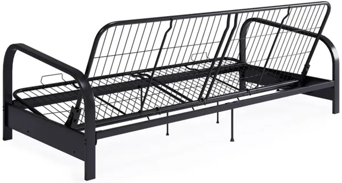 Karli Black Metal Arm Futon Frame with 6" Blue Mattress and EXTRA Black Mattress Cover