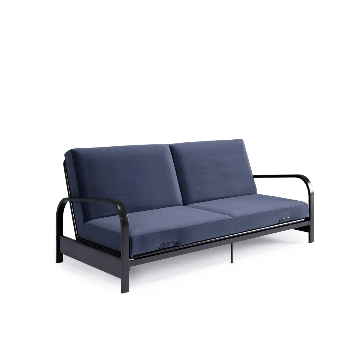 Karli Black Metal Arm Futon Frame with 6" Blue Mattress and EXTRA Black Mattress Cover