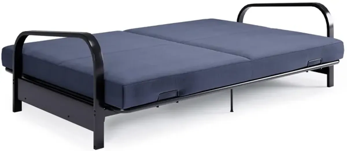 Karli Black Metal Arm Futon Frame with 6" Blue Mattress and EXTRA Black Mattress Cover