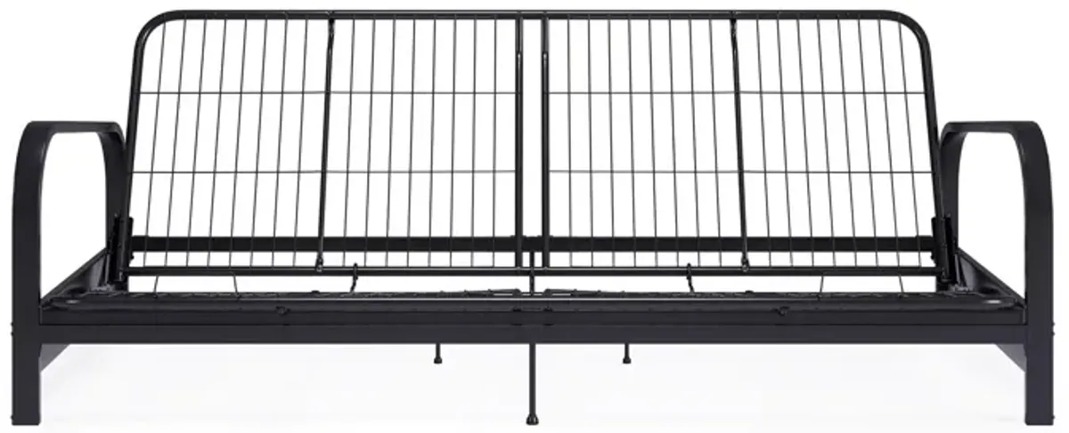 Karli Black Metal Arm Futon Frame with 6" Blue Mattress and EXTRA Black Mattress Cover