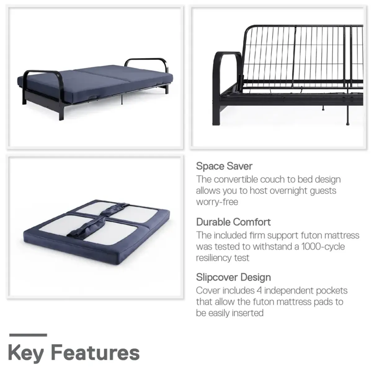 Karli Black Metal Arm Futon Frame with 6" Blue Mattress and EXTRA Black Mattress Cover