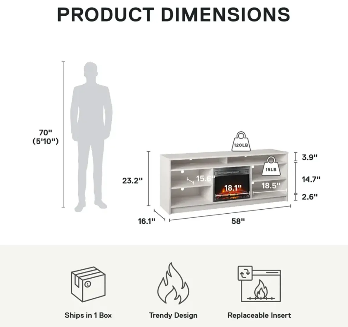 Hendrix 65 Inch TV Stand with Electric Fireplace Insert and 6 Shelves