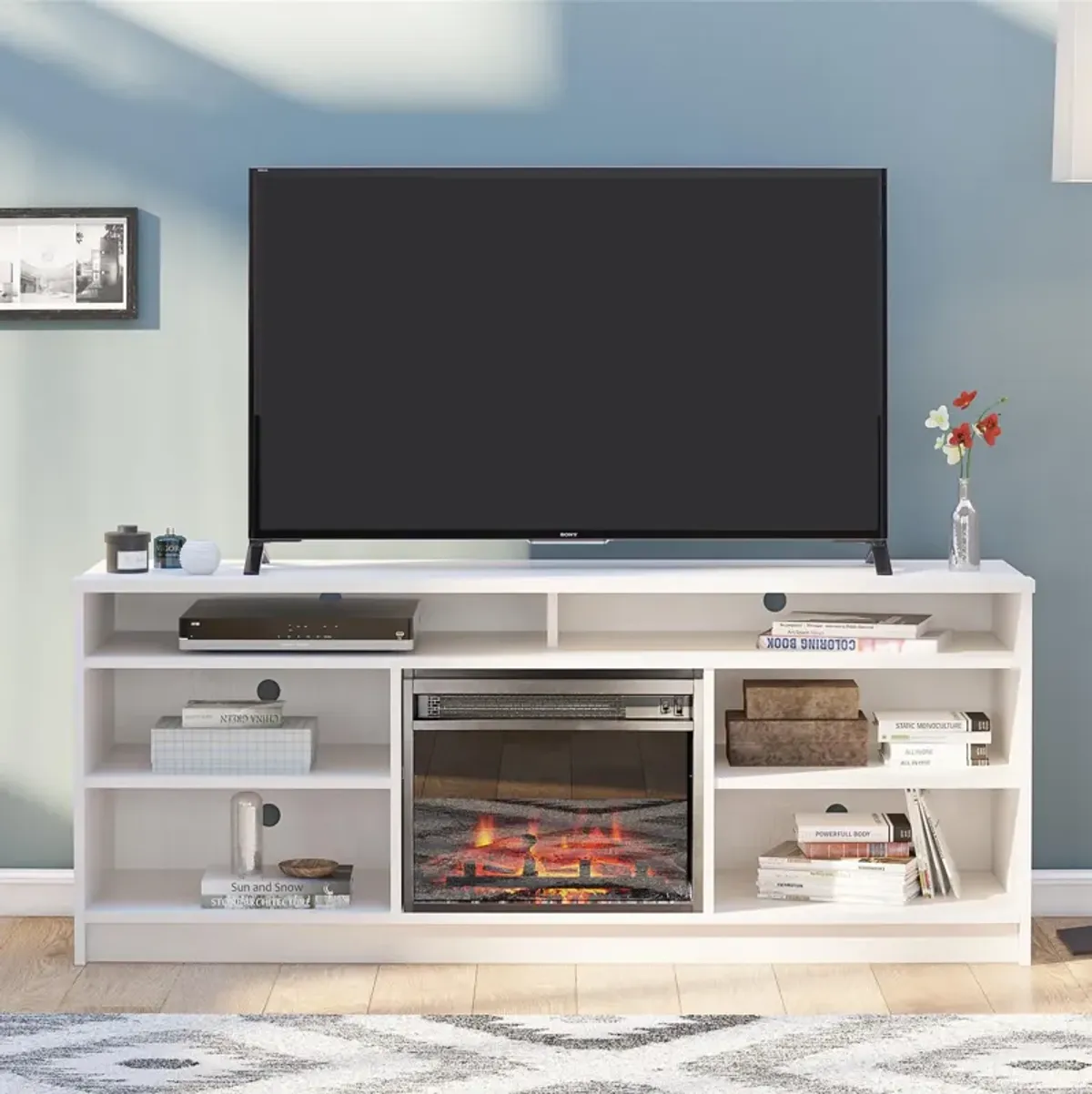 Hendrix 65 Inch TV Stand with Electric Fireplace Insert and 6 Shelves