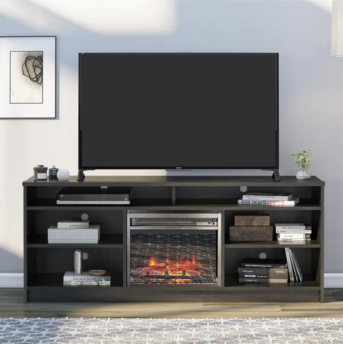 Hendrix 65 Inch TV Stand with Electric Fireplace Insert and 6 Shelves