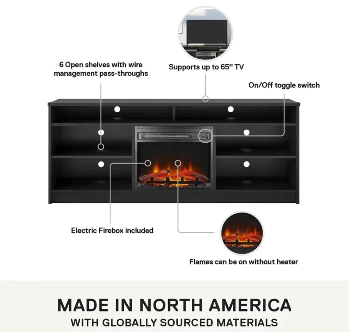 Hendrix 65 Inch TV Stand with Electric Fireplace Insert and 6 Shelves