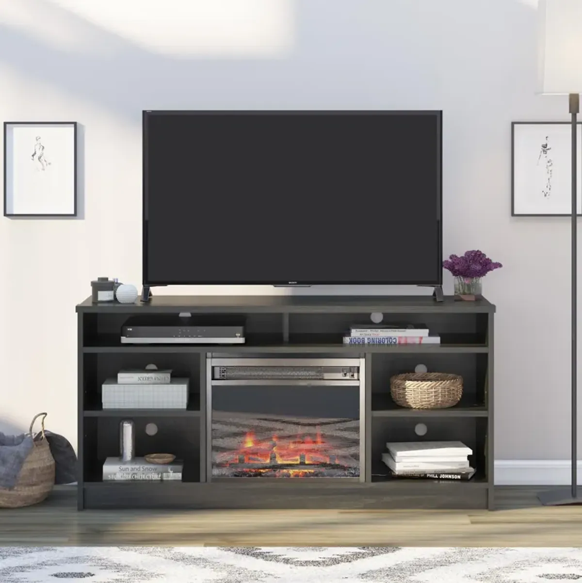 Hendrix 55 Inch TV Stand with Electric Fireplace Insert and 6 Shelves