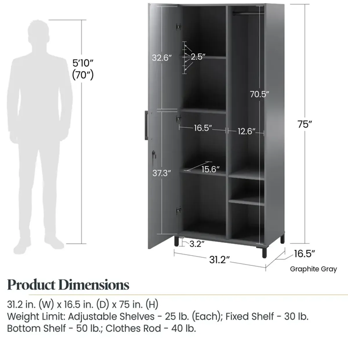 Shelby Tall Garage Cabinet with 1 Door & Hanging Rod