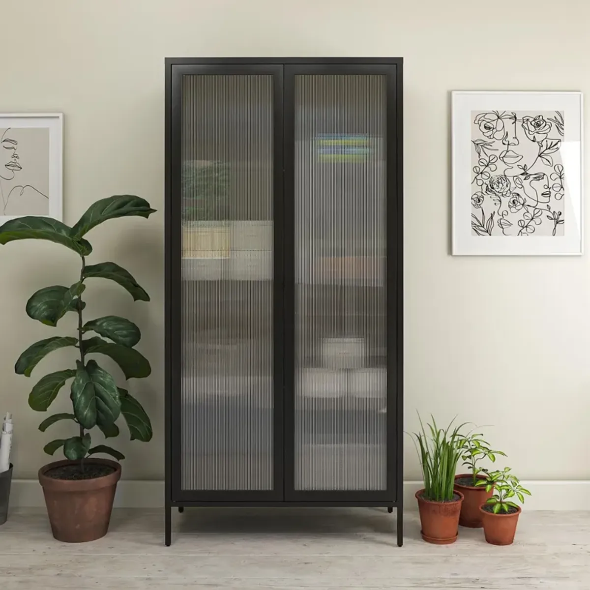 Shadwick 2 Door Tall Metal Locker Style Storage Cabinet-Fluted Glass Doors