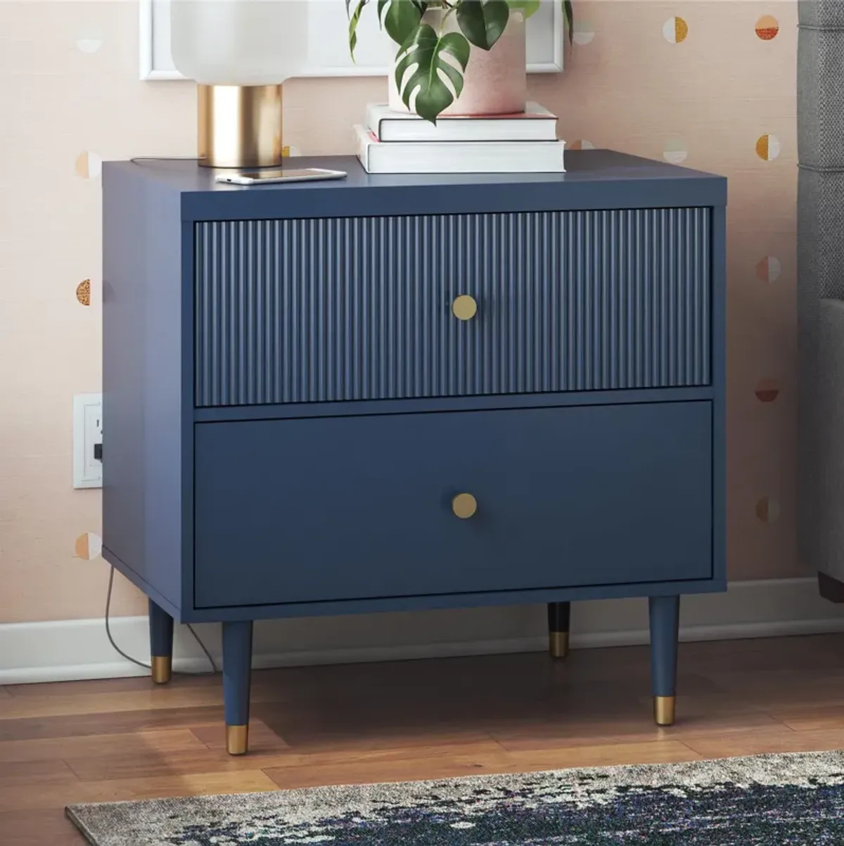 Elizabeth 2 Drawer Textured Nightstand with Gold Knobs