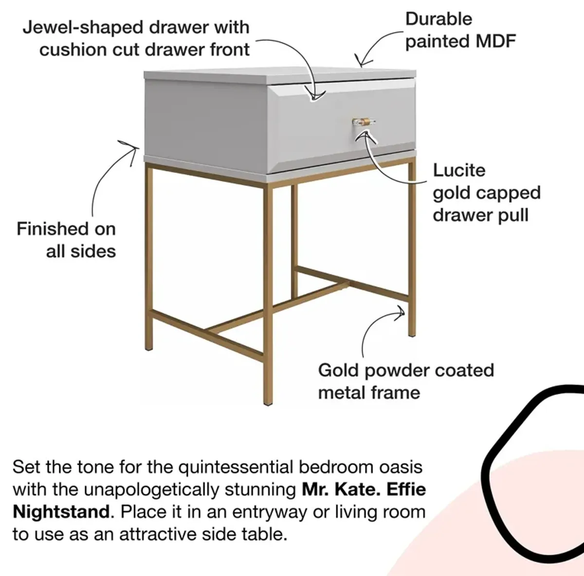 Effie Nightstand with 1 Drawer and a Gold Metal Base