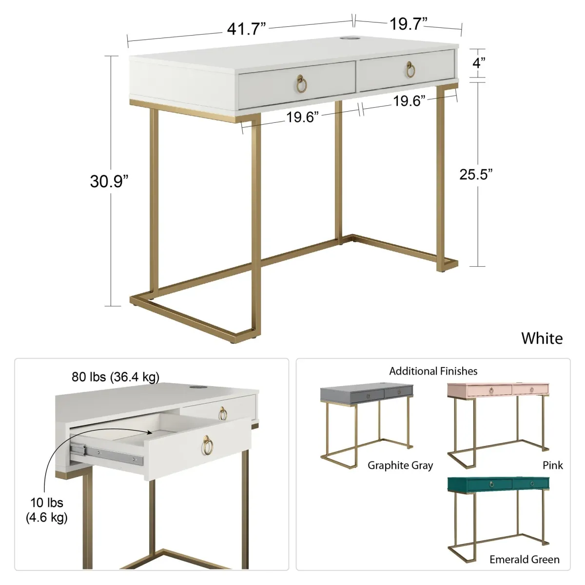 Camila Writing Desk with 2 Drawers and Gold Base