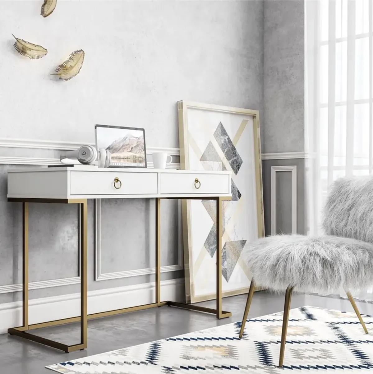 Camila Writing Desk with 2 Drawers and Gold Base