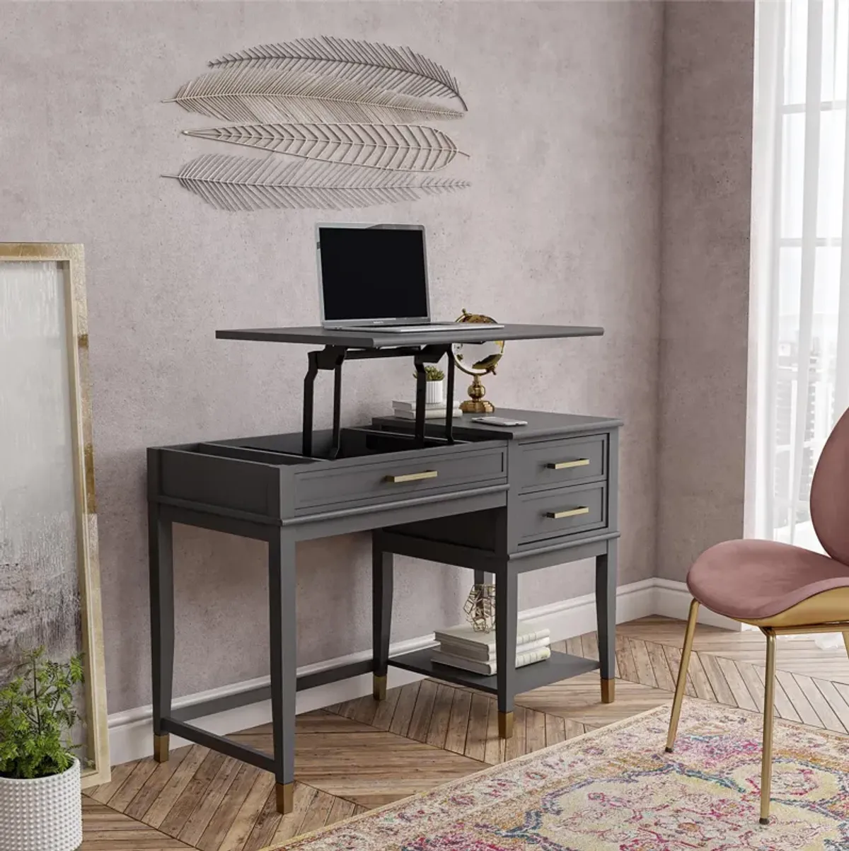 Westerleigh Lift-Top Computer Desk with Gold Accents