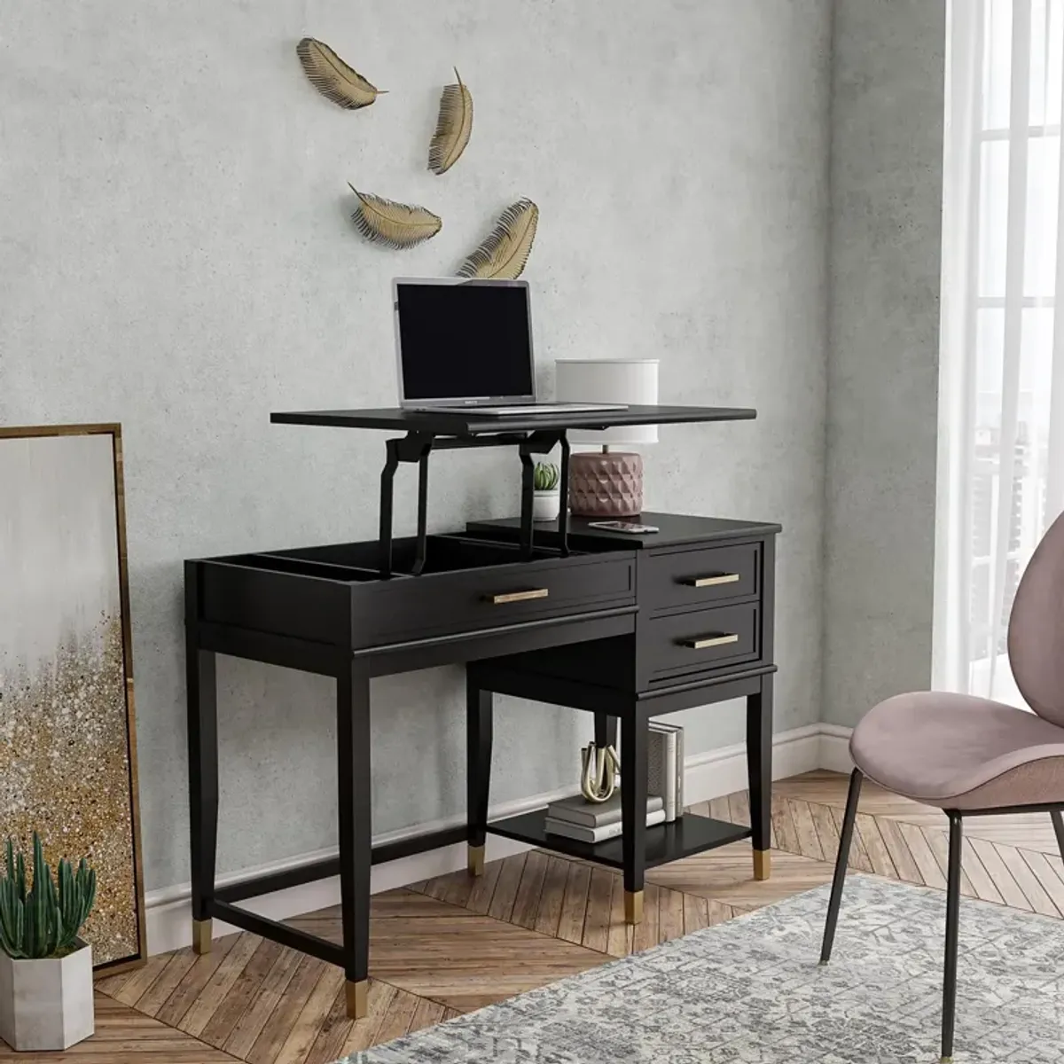 Westerleigh Lift-Top Computer Desk with Gold Accents