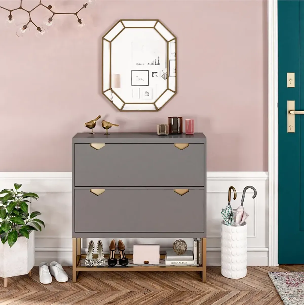 Brielle Entryway Shoe Storage with 2 Fold Out Drawers and a Bottom Shelf