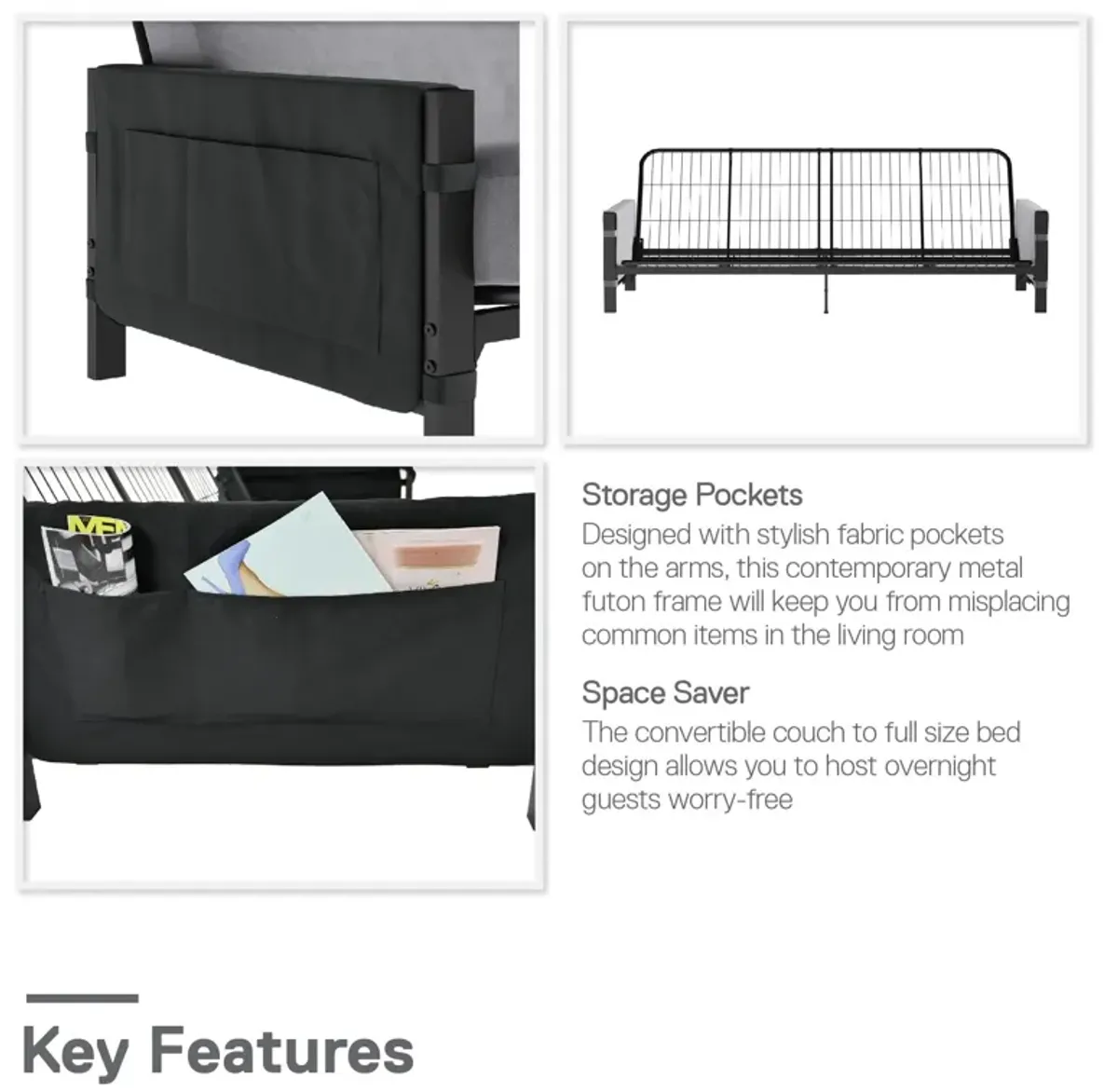 Avanti Black Metal Futon Frame with Storage Pockets