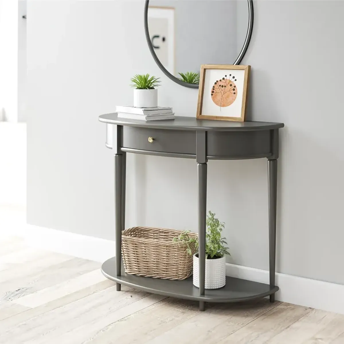 Aurora Half-Moon Console Table with 1 Drawer and Bottom Shelf