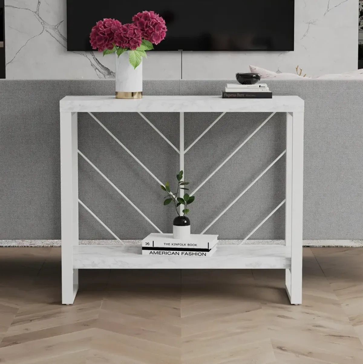 Brielle Console Table with 2 Shelves and Metal Base