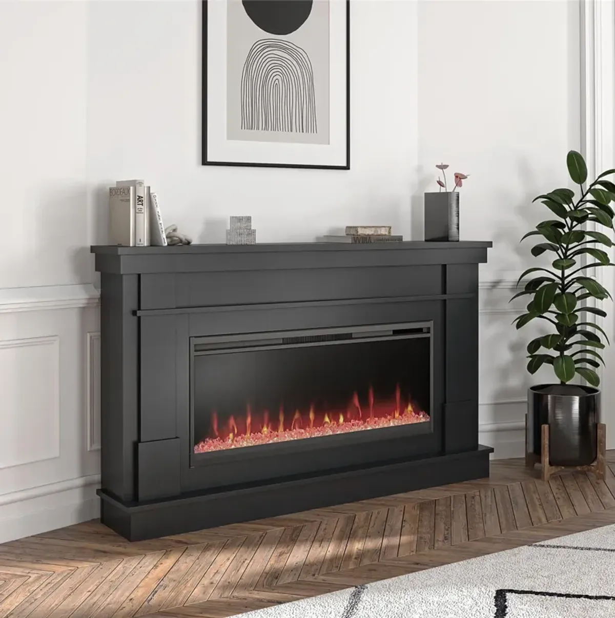 Waverly Wide Mantel with Linear Electric Fireplace & Crystal Ember Bed