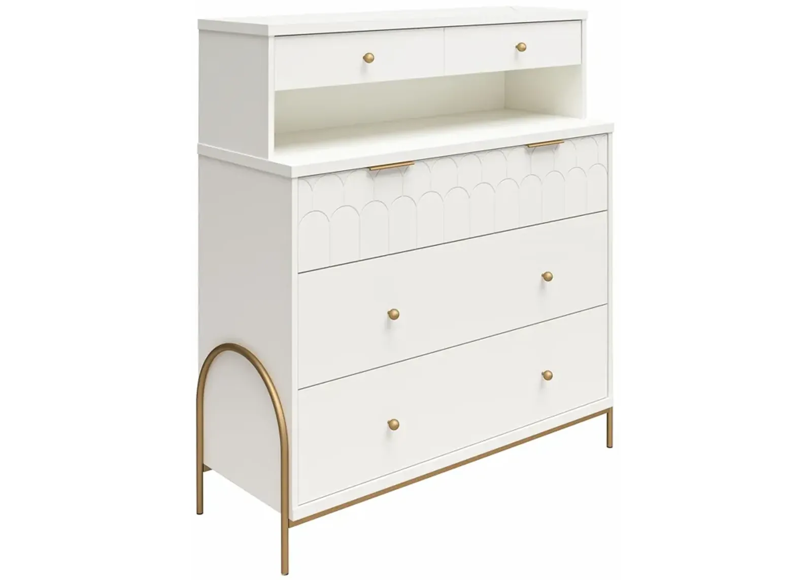 Anastasia 4 Drawer Dresser with Hutch, Scalloped Detail and Gold Accents