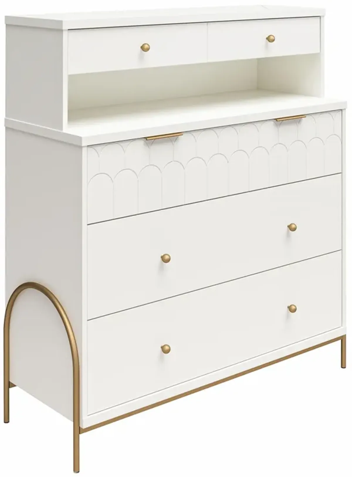 Anastasia 4 Drawer Dresser with Hutch, Scalloped Detail and Gold Accents