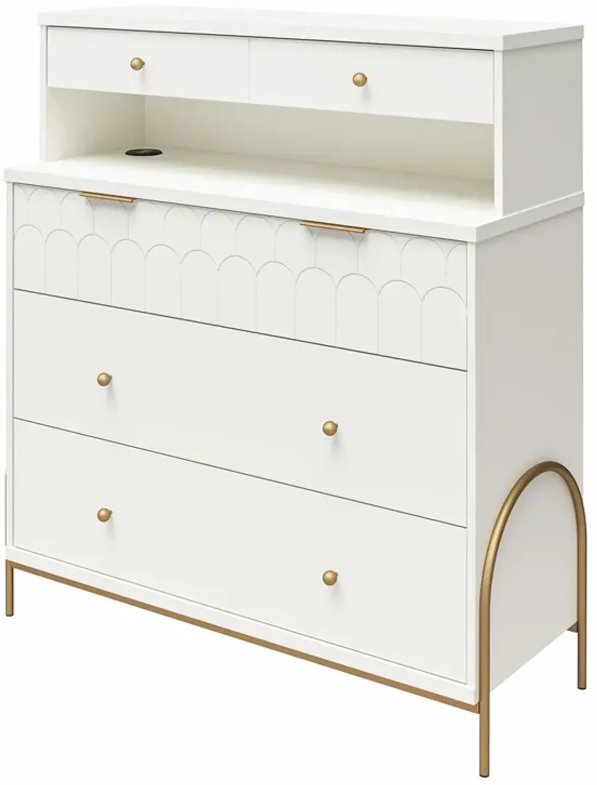 Anastasia 4 Drawer Dresser with Hutch, Scalloped Detail and Gold Accents