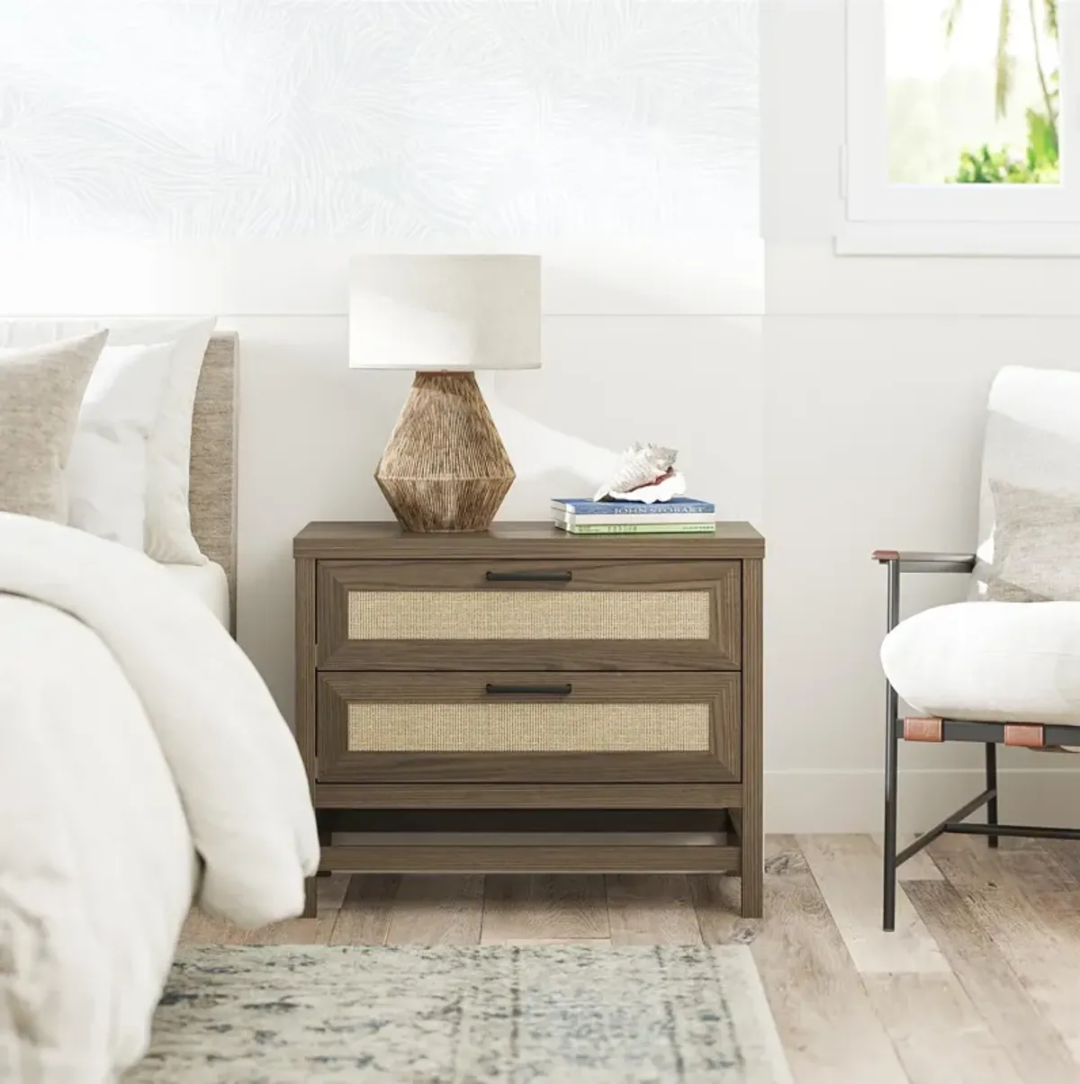 Lennon 2 Drawer Wide Nightstand with Faux Rattan