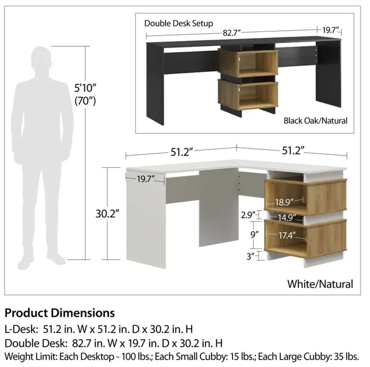 Nelson 2 Way Desk for 2 Work Stations with Cubbies or an L-Shaped Desk