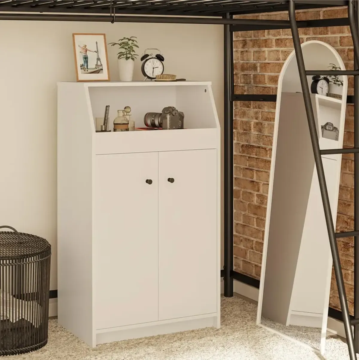 The Loft 2 Door Storage Tower with a Large Open Cubby and 2 Shelves