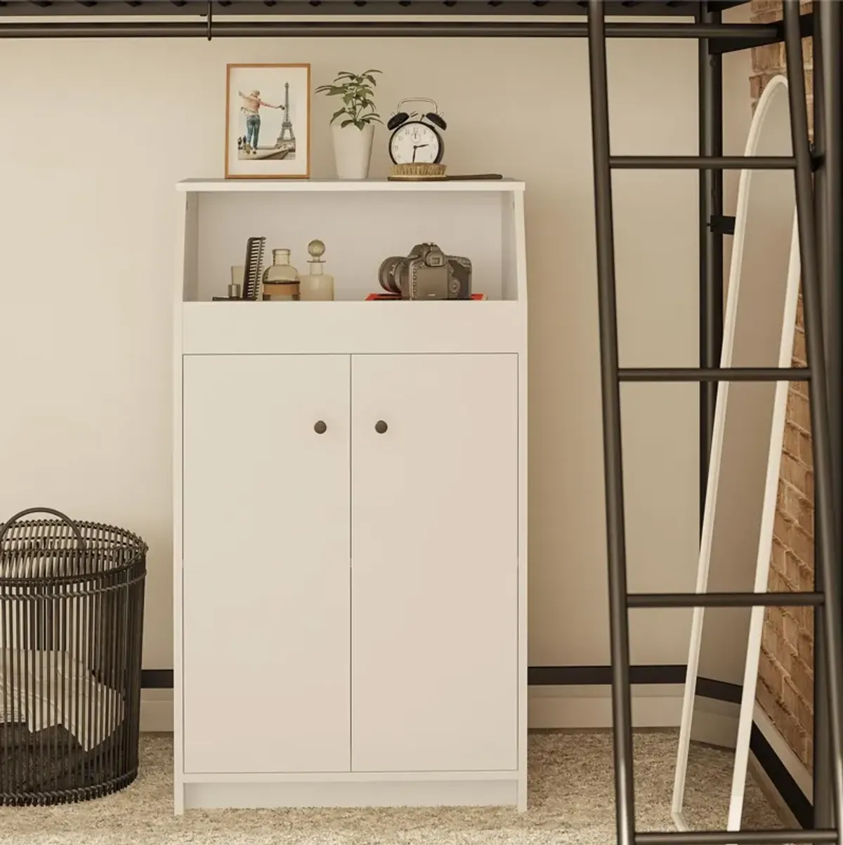 The Loft 2 Door Storage Tower with a Large Open Cubby and 2 Shelves